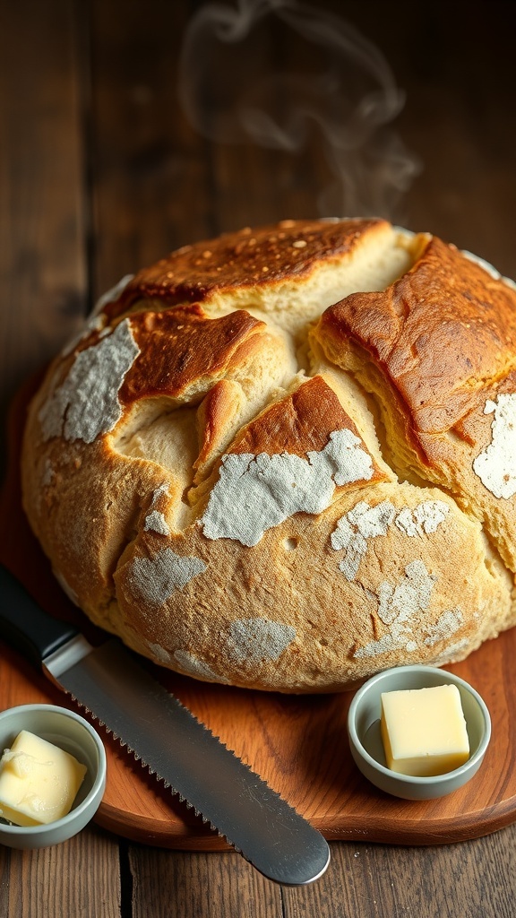 A golden-brown artisan sourdough bread loaf on a wooden board, with steam rising and a knife beside it.